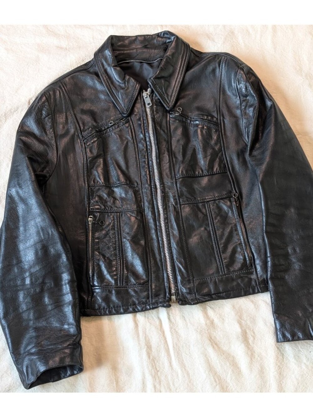 Vintage 50s 60s Black Cafe Racer Cropped Moto Biker Jacket Serval Zip Size 46 US